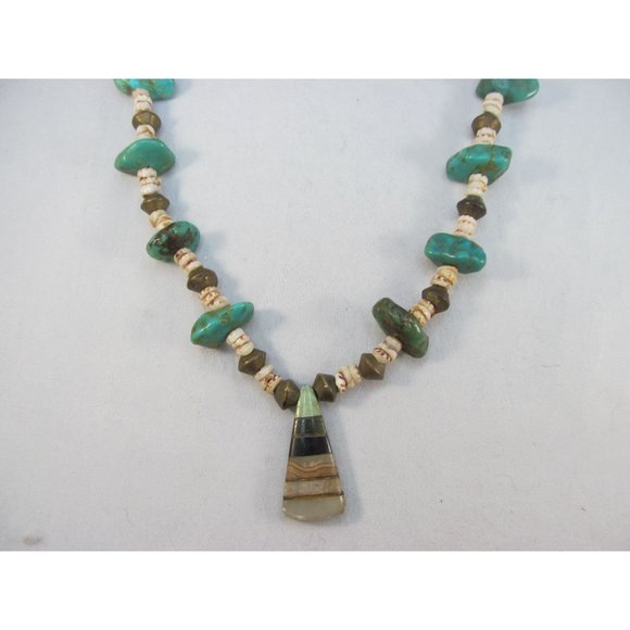 Southwestern Turquoise Nugget Brass Shell Pendant Necklace - Picture 14 of 16